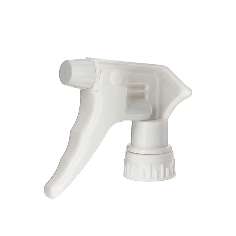 45-degree angled view of white heavy duty trigger sprayer showing nozzle and trigger design, 28-400 neck, 0.9 ml dosage