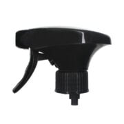 Front view of a black upside-down trigger sprayer for 360-degree spray cleaning, with spray/stream nozzle, 28-410 neck, 1.3 ml output