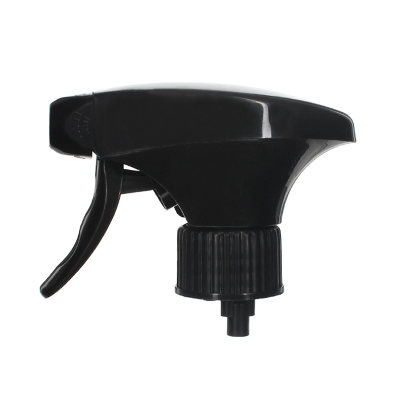 Front view of a black upside-down trigger sprayer for 360-degree spray cleaning, with spray/stream nozzle, 28-410 neck, 1.3 ml output
