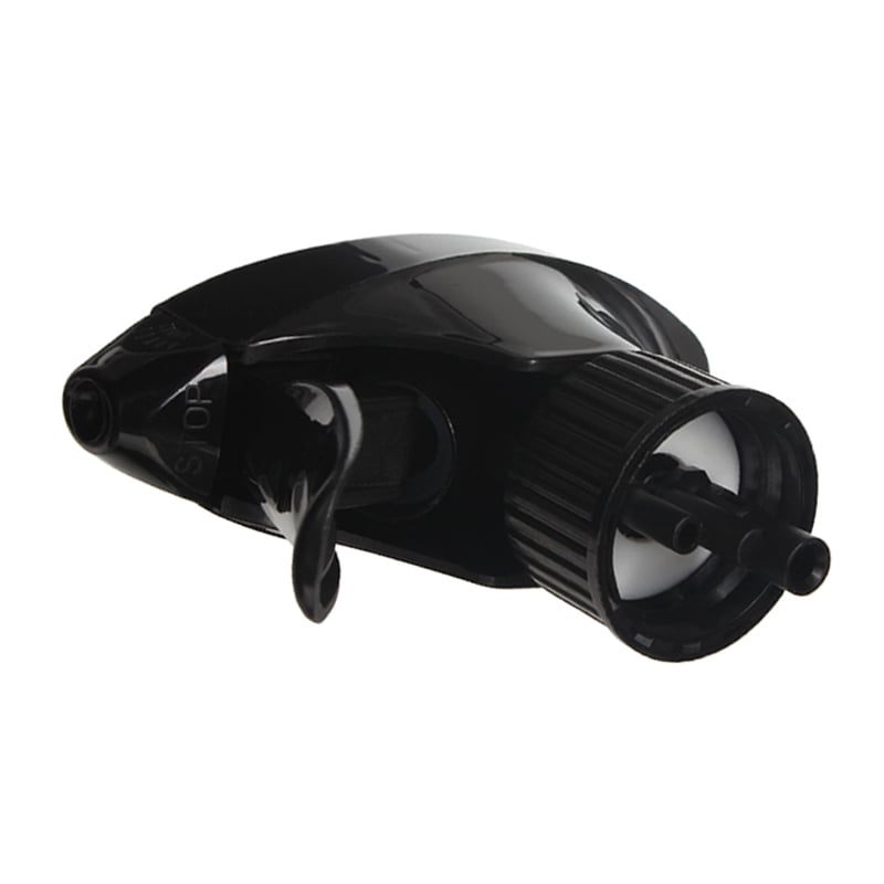 Bottom view of a black upside-down trigger sprayer for 360-degree spray cleaning, with spray/stream nozzle, 28-410 neck, 1.3 ml output