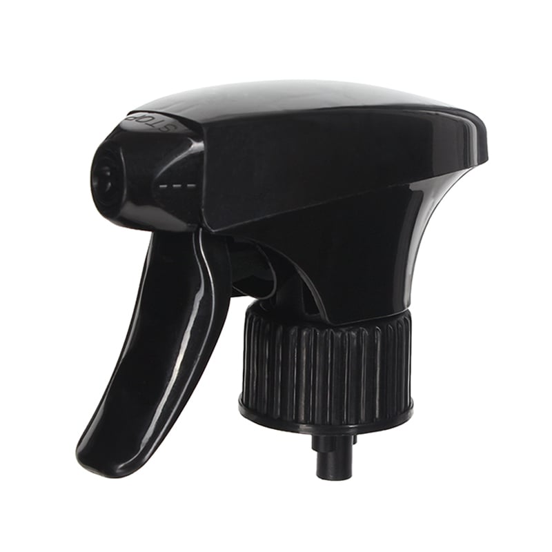 45-degree angled view of black upside down trigger sprayer showing spray/stream nozzle for 360-degree cleaning, 28-410 neck, 1.3 ml dosage