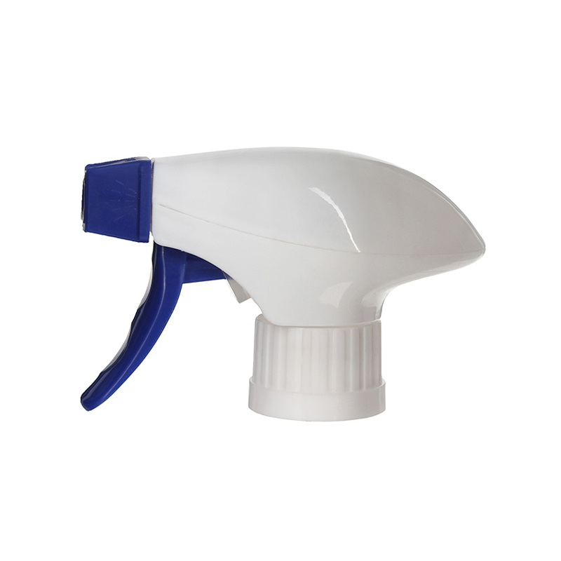 Front view of white and blue ratchet closure trigger sprayer with dual-shroud design and foam/spray nozzle, 28-410 neck, 1.3 ml output