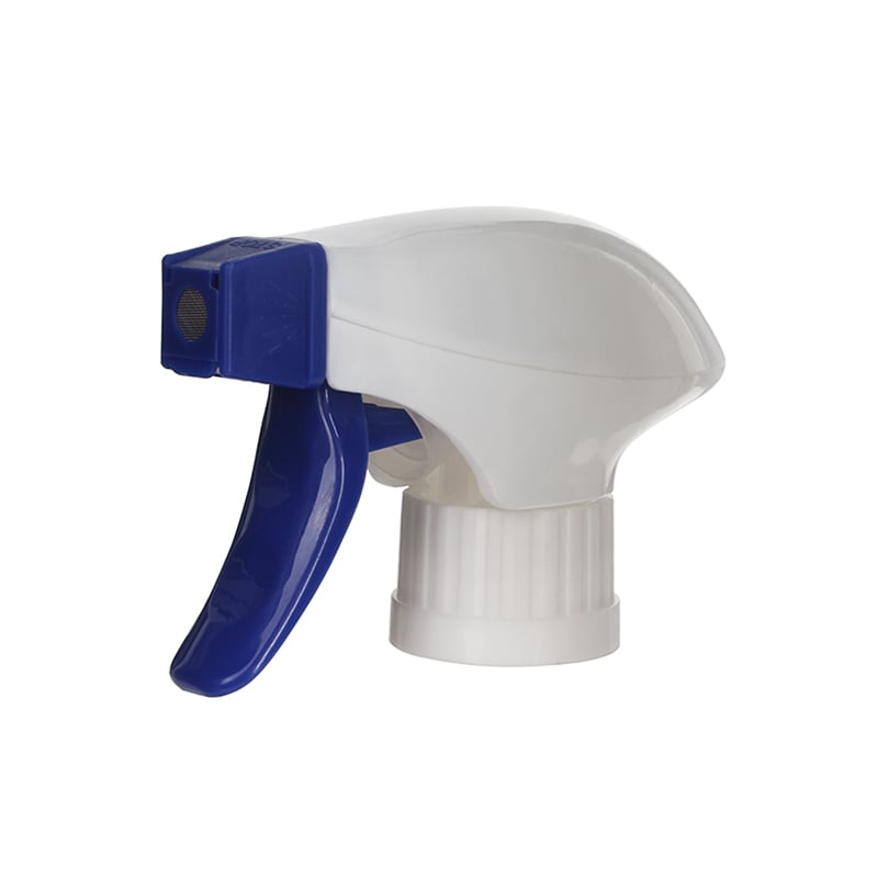 45-degree angled view of white and blue trigger sprayer with ratchet closure and dual-shroud design, showing foam/spray nozzle, 28-410 neck, 1.3 ml dosage