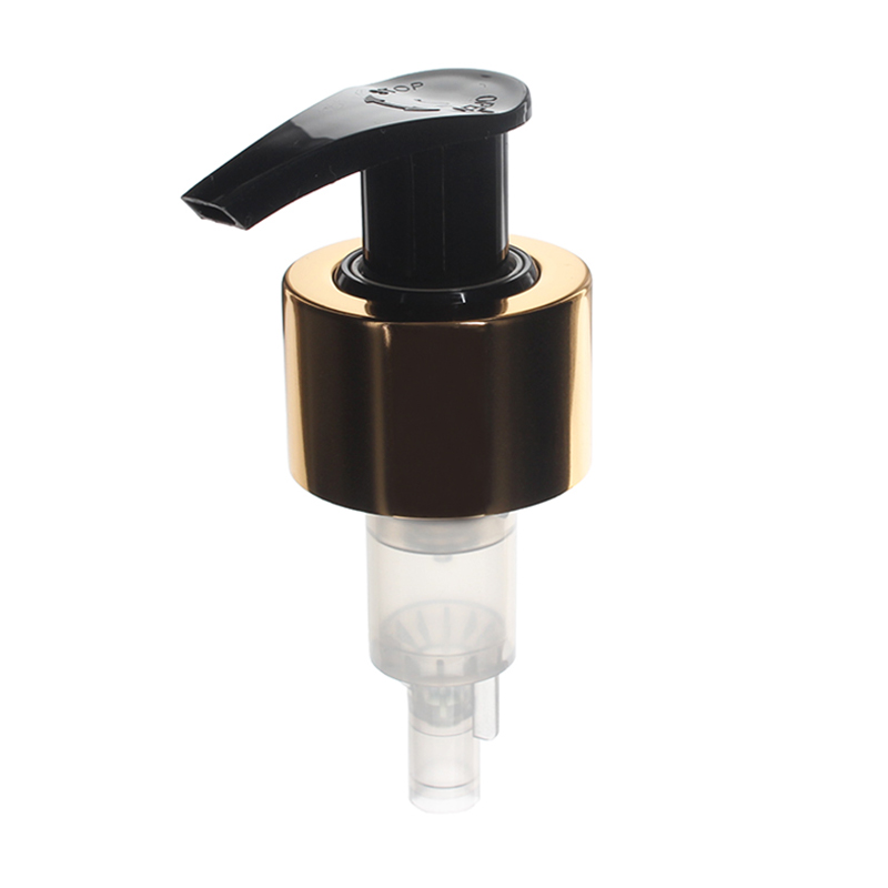 Gold Lotion Pump, 28-410, Aluminum Closure, Lock Up, Spring Outside, 2ml Output - top view - KIWL Plastic
