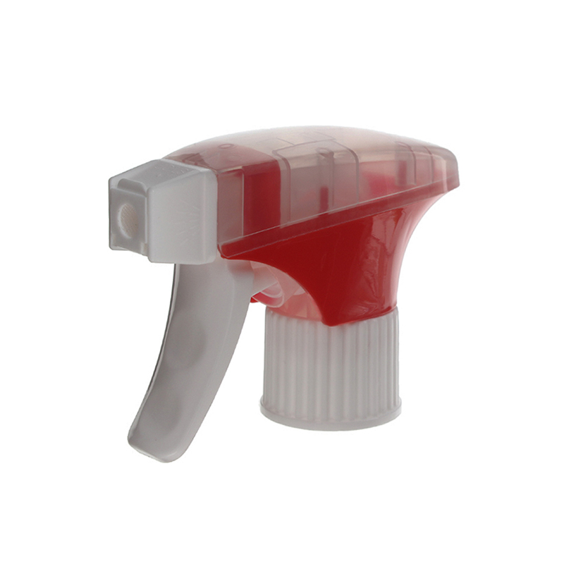 45-degree angled view of red, white, and clear all-plastic foam trigger sprayer showing dual-shroud body and switchable nozzle, 28-415 neck, 1.3 ml dosage