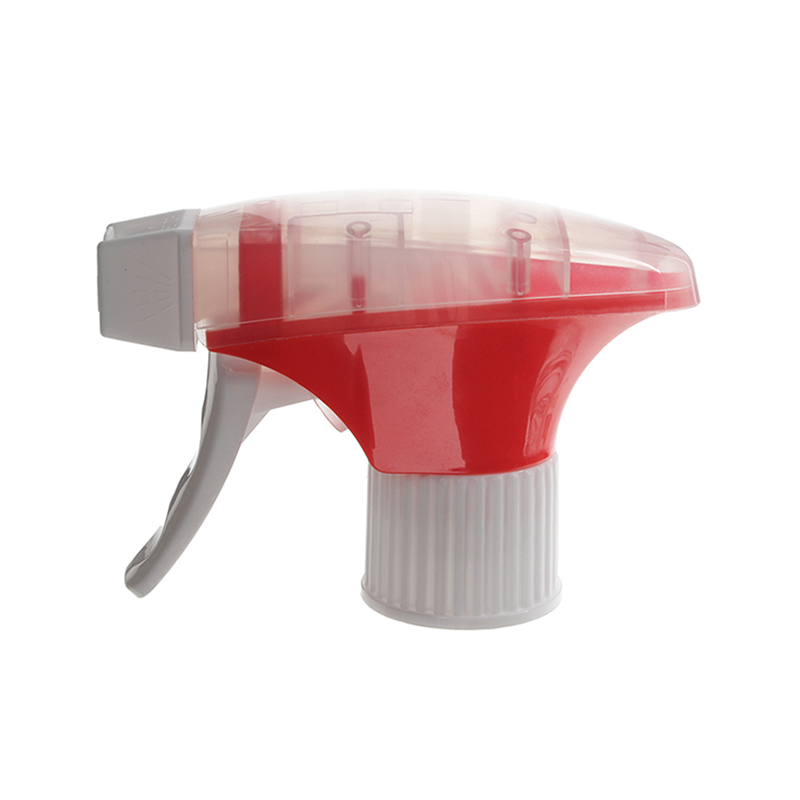 Front view of red, white, and clear all-plastic foam trigger sprayer with switchable foam/spray nozzle and dual-shroud design, 28-415 neck, 1.3 ml output