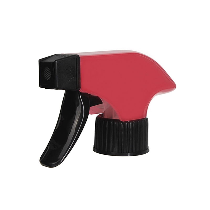 45-degree angled view of red and black foam trigger sprayer showing switchable foam/spray head and ergonomic trigger, 28-410 neck, 1.3 ml dosage