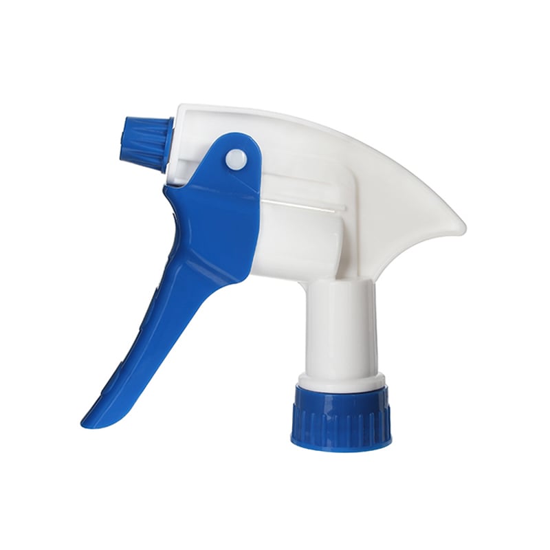 Front view of white and blue high output heavy-duty trigger sprayer, 28-410 neck, 3.5 ml output