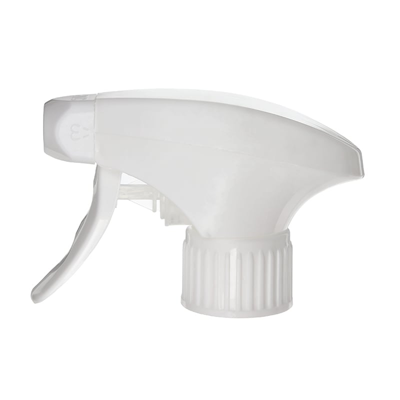 Front view of white metal-free trigger sprayer with switchable spray/stream nozzle and dual-shroud design, 28-410 neck, 1.2 ml output