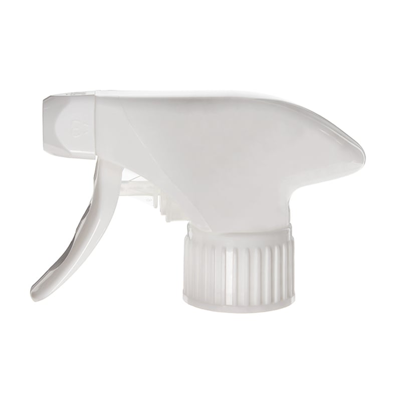 Front view of white full-plastic trigger sprayer with spray/stream nozzle, 28-410 neck, 1.2 ml output