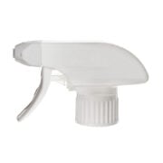 Front view of white foam-only trigger sprayer with plastic mesh nozzle, all-plastic construction, 28-410 neck, 1.3 ml output