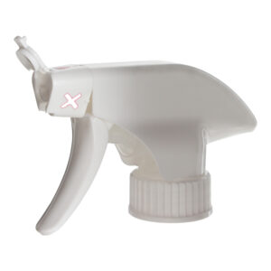 45-degree angled view of white foam trigger sprayer showing flip-open triangular nozzle and trigger design, 28-400 neck, 1.4 ml dosage