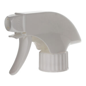 45-degree angled view of white child-resistant ratchet closure trigger sprayer showing spray/stream nozzle and safety design, 28-400 neck, 1.4 ml dosage