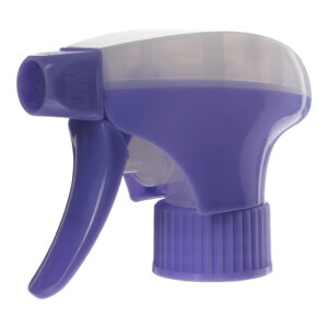 45-degree angled view of purple and clear all-plastic trigger sprayer showing spray-only nozzle and dual-shroud structure, 28-410 neck, 1.2 ml dosage