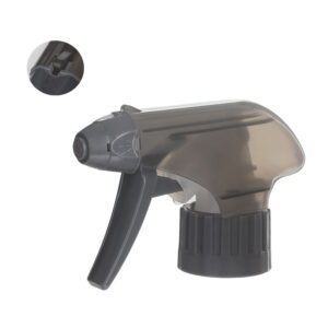45-degree angled view of translucent black child-resistant foam trigger sprayer showing nozzle and safety trigger design, 28/410 neck, 0.9 ml dosage